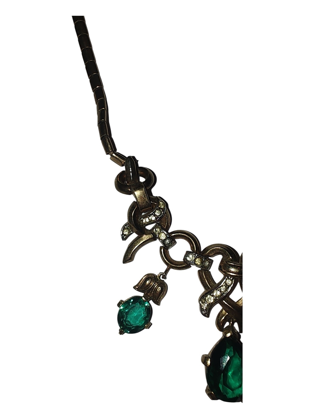 Trifari Vintage Green Rhinestone Teardrop Dangle Statement Necklace Medieval - Picture 6 of 9